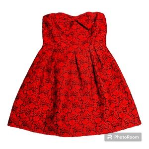 Pink Owl Fit & Flare Strapless Red Mini Party Dress